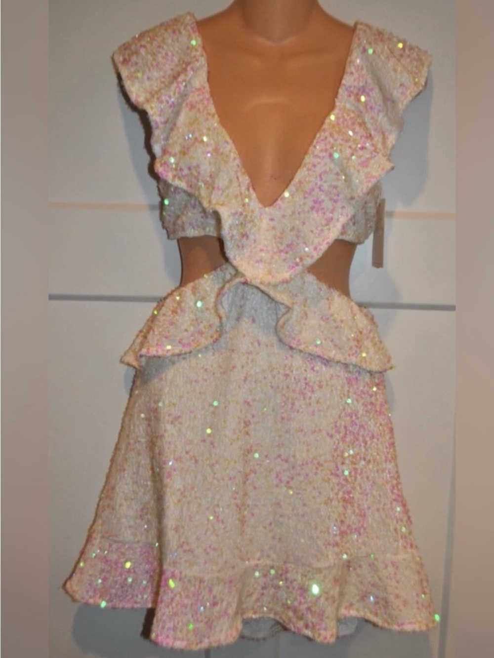 Show Me Your MuMu Iridescent Sequin Tie-Front Mini Dress - White